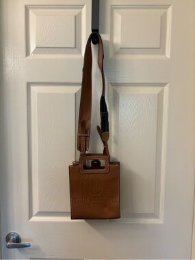 True Religion Tan Structured Leather Crossbody Bag with Denim Strap